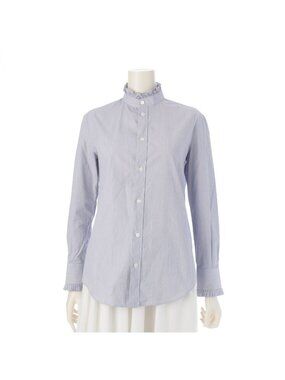 Celine Cotton Ruffle Design Striped Long Sleeve Shirt Top Blue